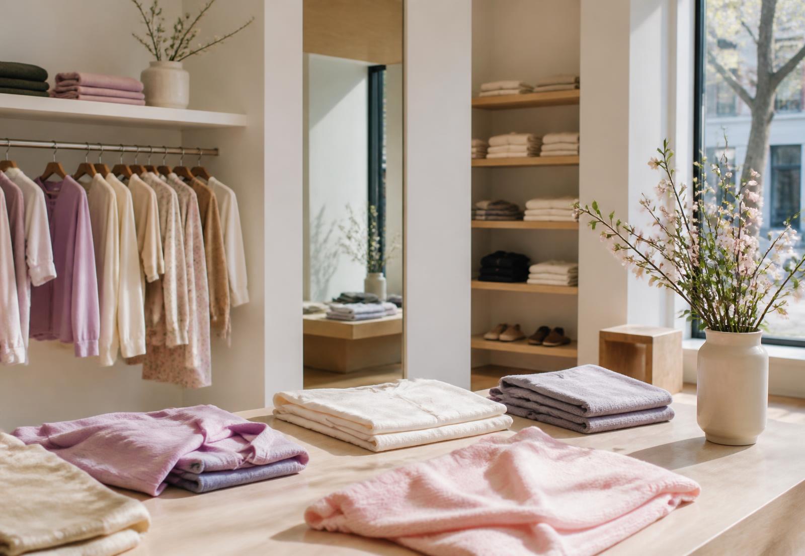 Apparel store interior with neatly merchandised clothing