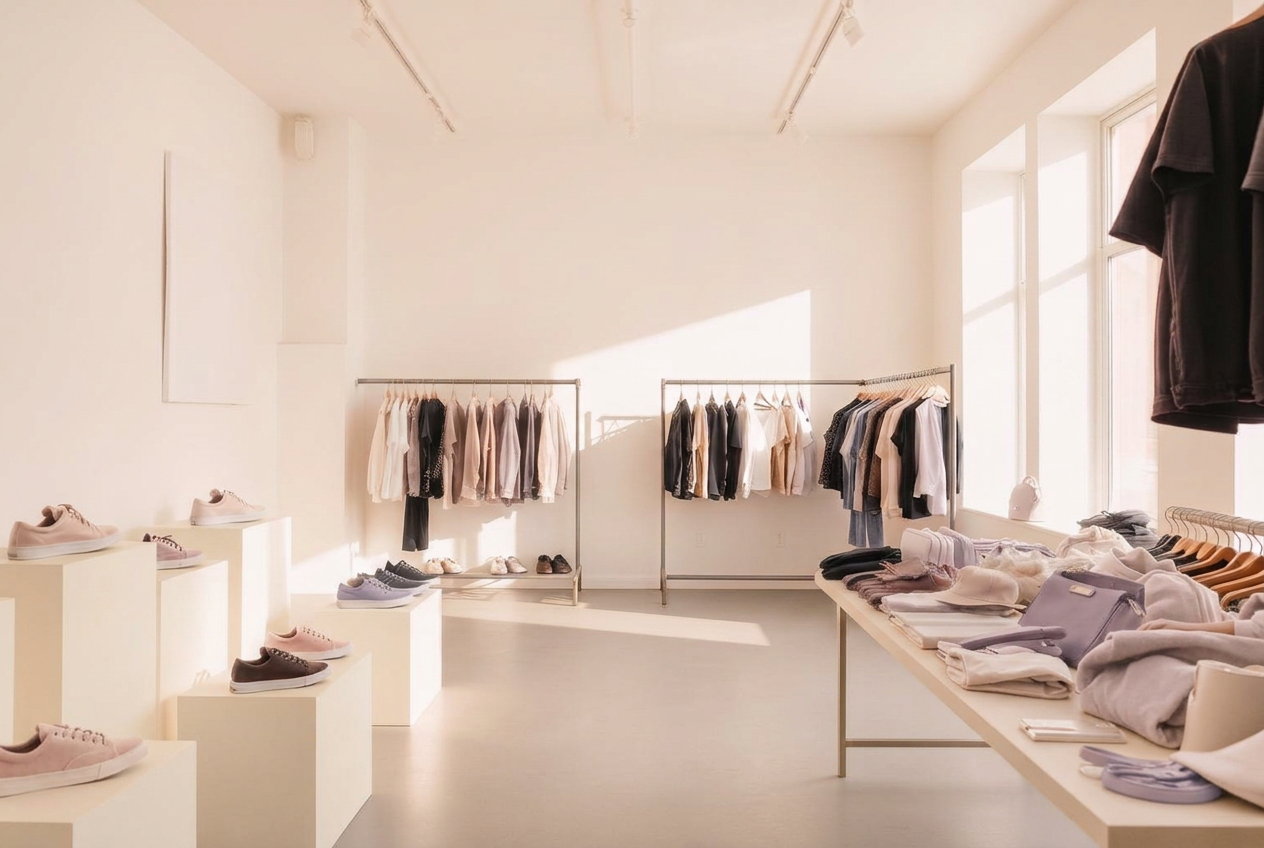 Brand showroom with footwear on plinths, apparel on rails and accessories on display tables in warm daylight