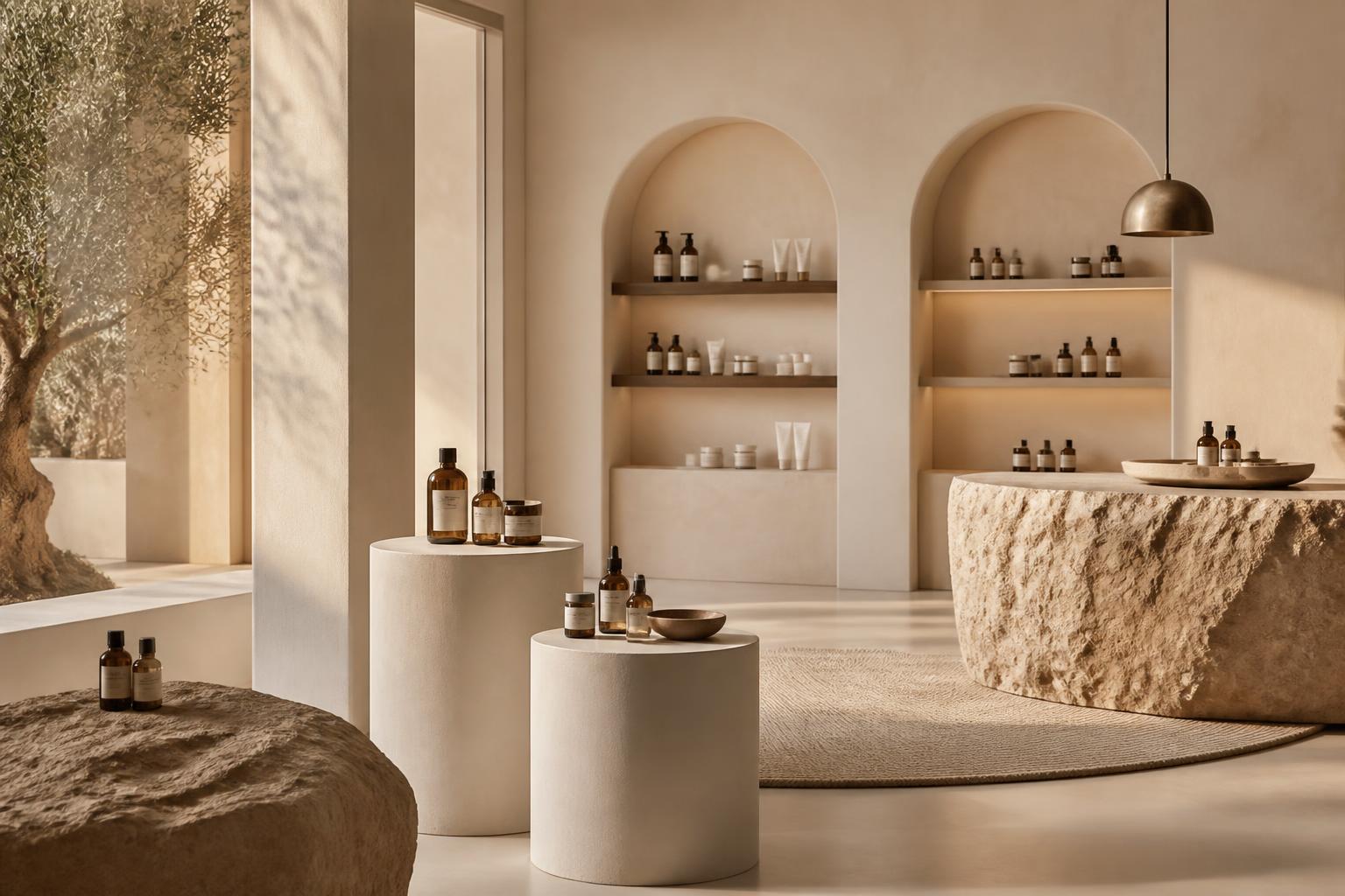 Beauty and skincare store interior with products on plaster plinths in warm daylight