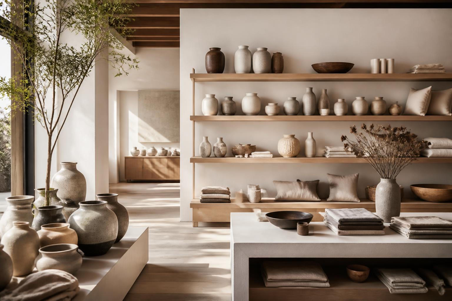 Homewares store interior with ceramic vases and linen textiles on timber shelving