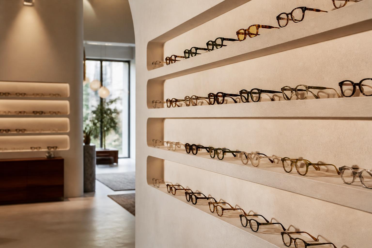 Optical boutique interior with eyewear frames on plaster shelves