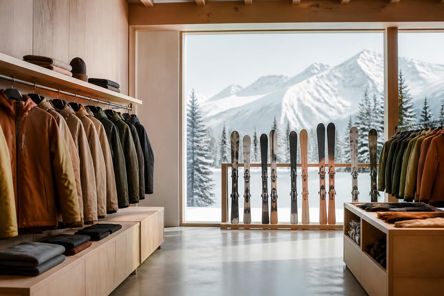 Snow and outdoor store interior with jackets and skis