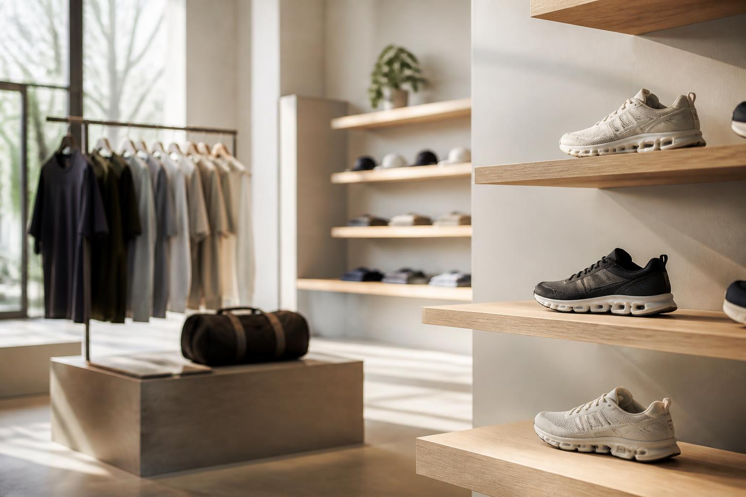 Sports store interior with running shoes on oak shelving